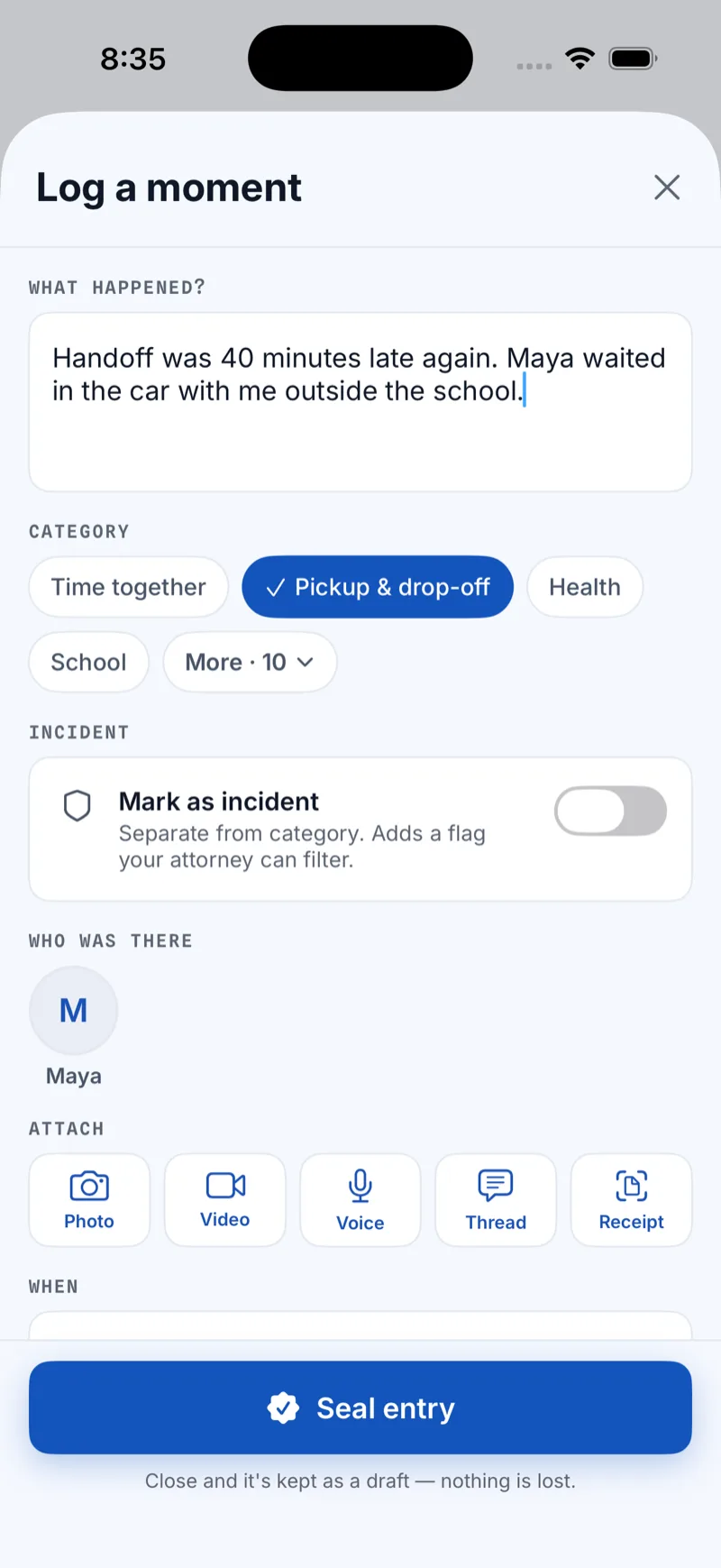 The Log a moment screen, with a note, a category and attachments