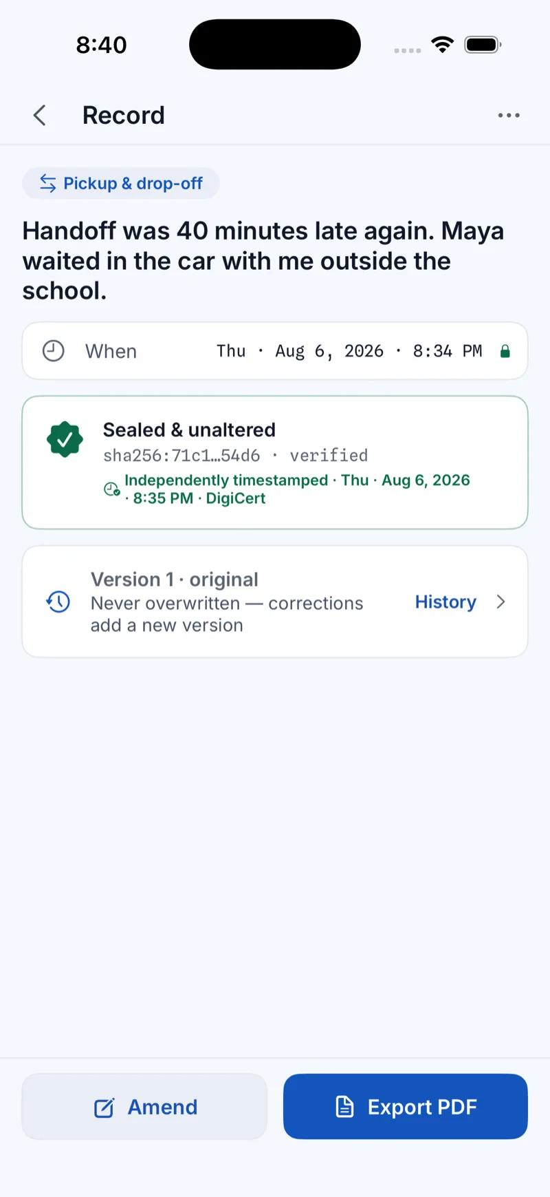 A sealed record showing its SHA-256 hash and an independent timestamp