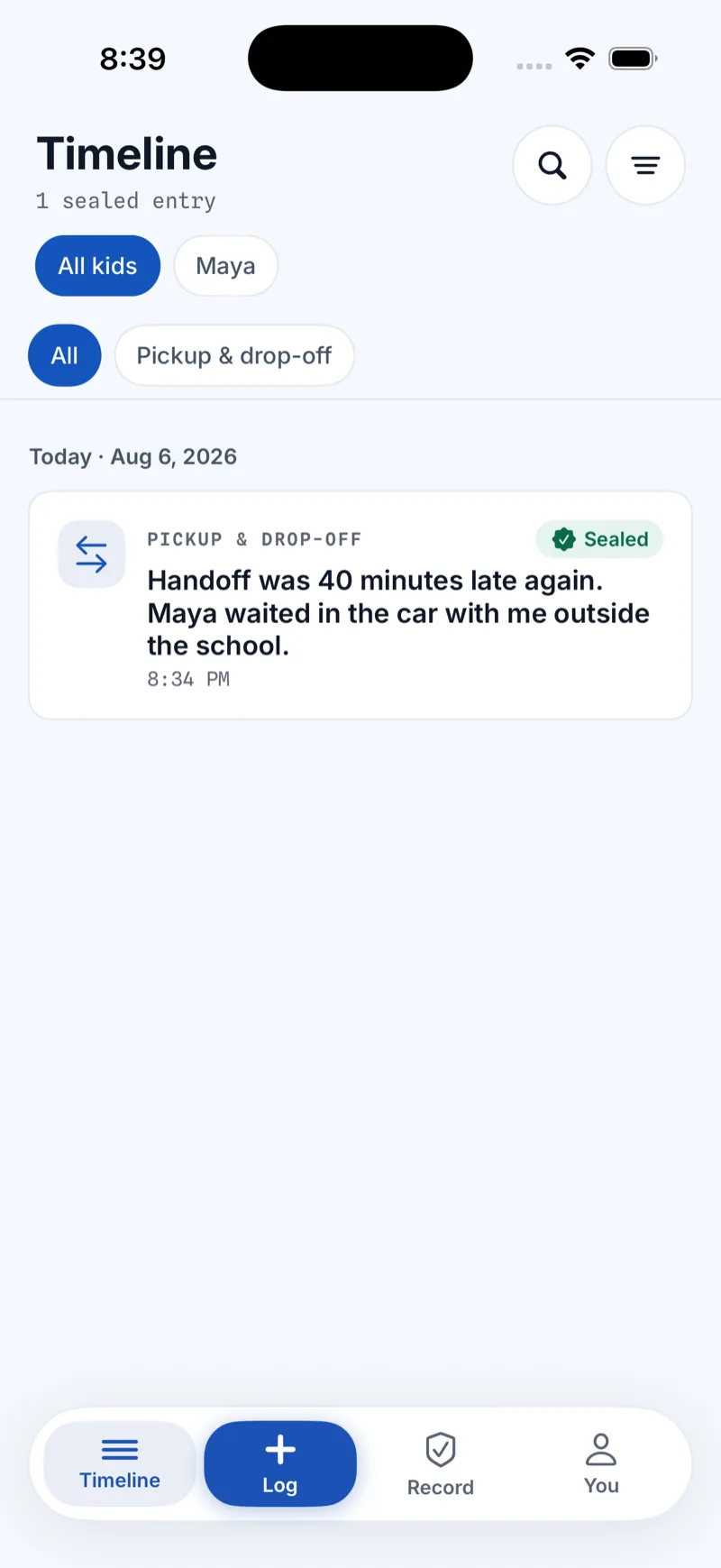The timeline, listing sealed entries filtered by child and category